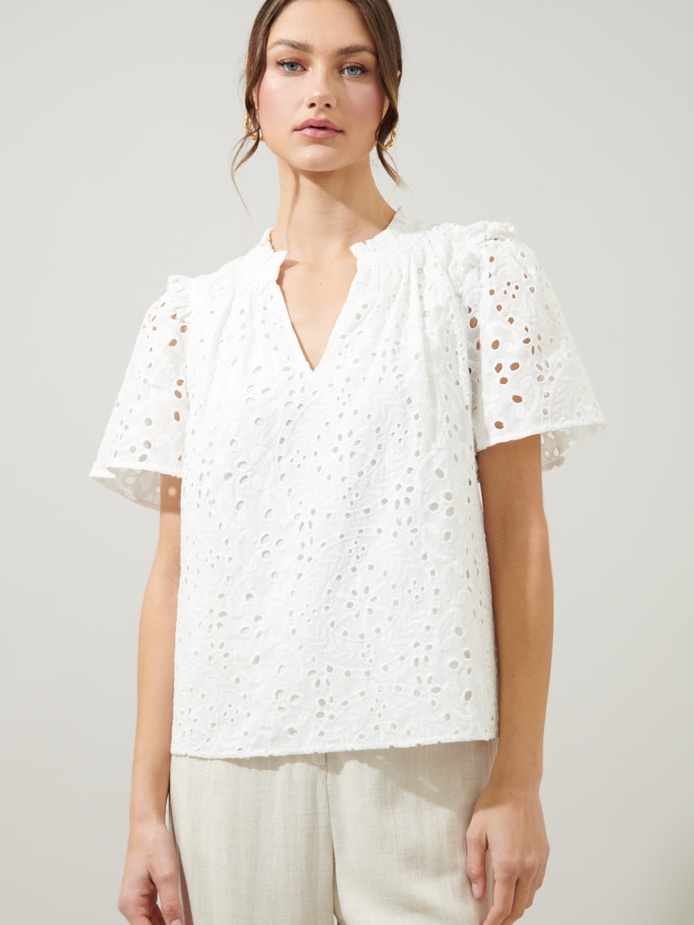 Sugarlips White Eyelet V-Neck Flutter Sleeve Blouse